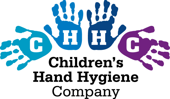 logo with hand prints in blue tones for children's hand hygiene company, Scotland, washrooms