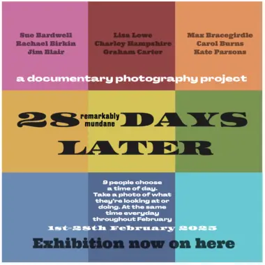 publicity poster for a community documentary photo project called 18 remarkably mundane days later. Publicity for public projects is important. Colourful, engaging, impactful poster and publicity design. Project created and led by Kate Parsons. Graphic design by Kate Parsons.