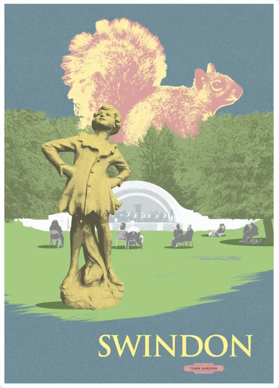 Bath tourism, retro-design 1962 inpired poster depicting Swindon town gardens. The bowl, peter pan statue, squirrel