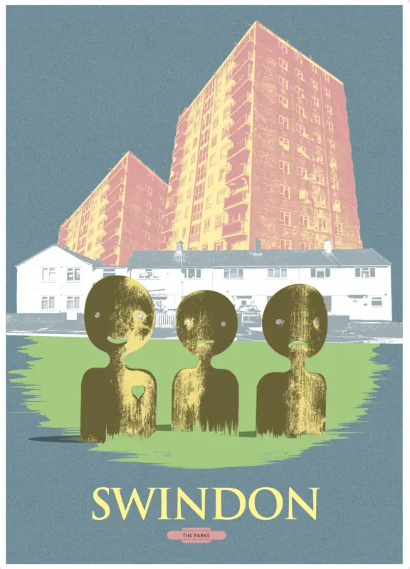 Bath tourism, retro-design 1962 inpired poster depicting Swindon park North and Park South AKA The Parks. Blocks of flats and houses with sculpture