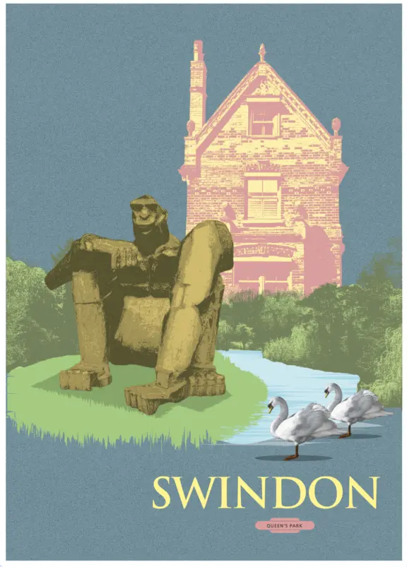 Bath tourism, retro-design 1962 inpired poster depicting Swindon Queens park. Turner house, parkscape, Gorilla statue by Tom Gleeson
