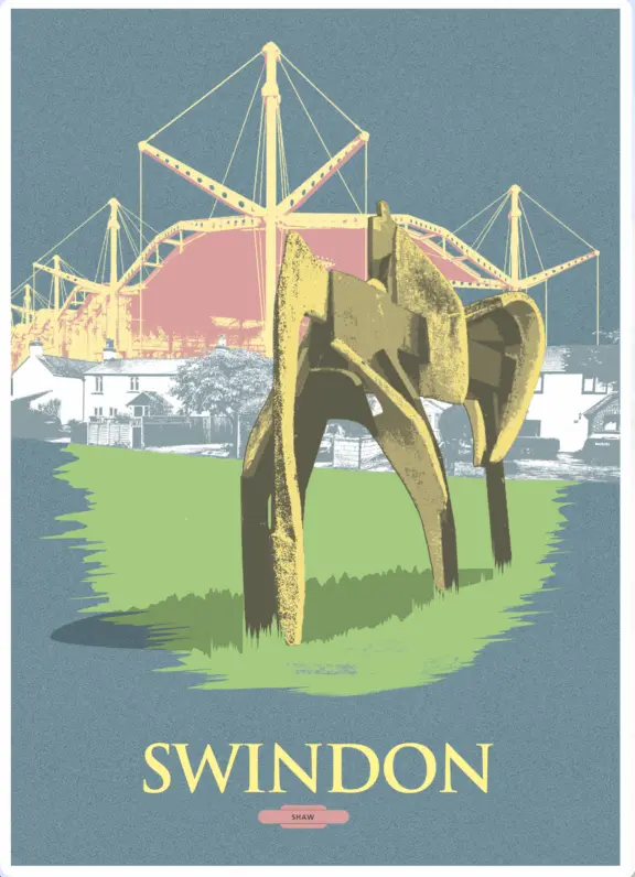 Bath tourism, retro-design 1962 inpired poster depicting Swindon Shaw, west swindon. Renault Building AKA the spectrum building designed by sir norman foster, cotttages in old shaw lane and 'white horse paciified' statue by Julie Livsey