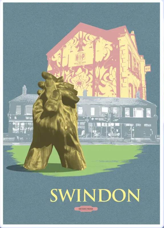 Bath tourism, retro-design 1962 inpired poster depicting Swindon Devizes Road, the Hop Inn, Hop Kettle Devizes Road, Momo, Drinks Valley Old Town, Arts centre statue "Applause" by Mark Amis