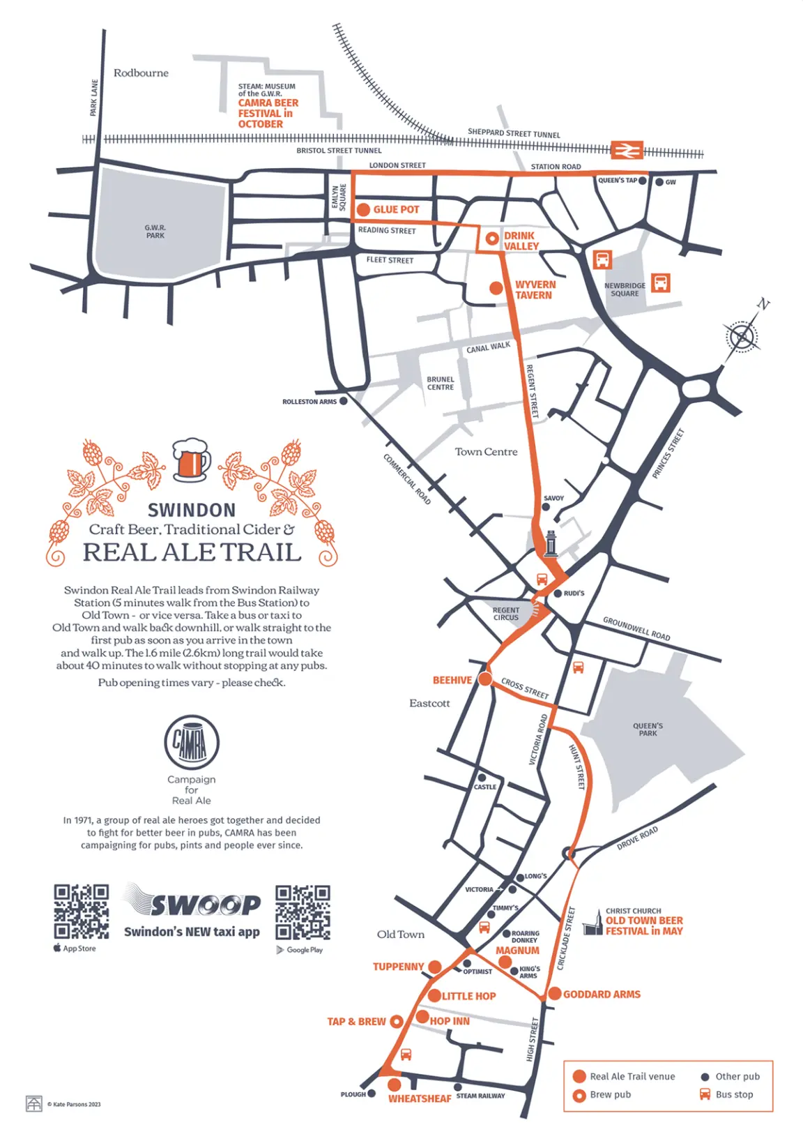 Kate Parsons original cartography, map design, showing Campaign for Real Ale recommeded pubs and tap rooms in Swindon in the town centre and Old Town. Swindon