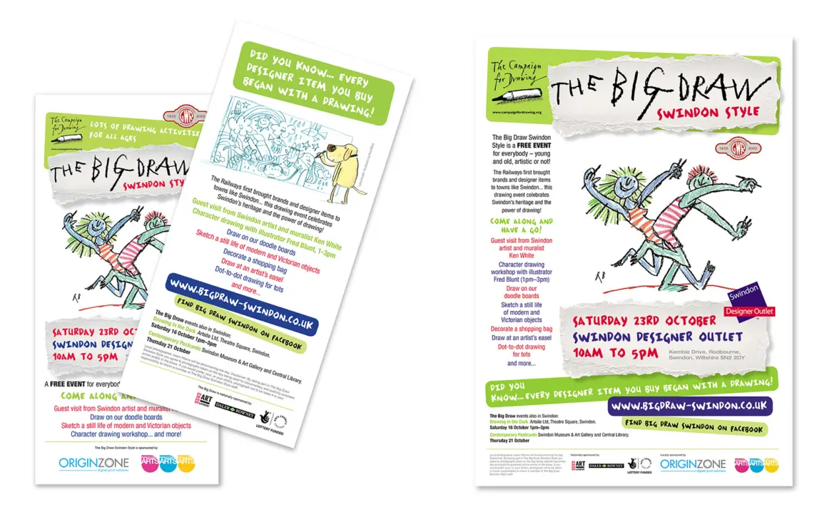 Event publicity for Big Draw Swindon using elements provided by Campaign for Drawing and illustrator, Fred Blunt. The posters, flyers and website designed by freelance designer, Kate Parsons, Swindon