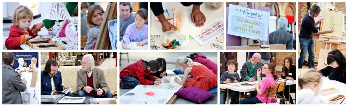 Photo montage of the participant of Big Draw Swindon one-day event. It shows a variety of drawing activities including the event's guest of nonour, artist Ken White, children drawing on primed furniture and long rolls of paper. It also show the event branding and signposting