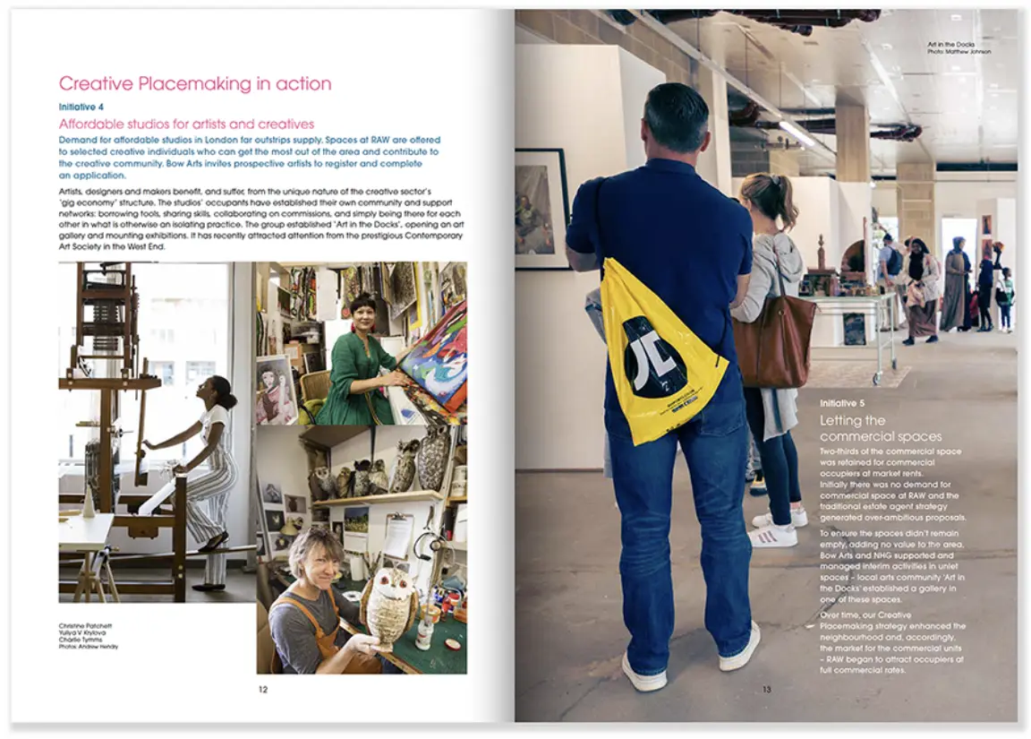 A double-page spread from the Bow Arts Trust creative making report. it shows images of artists in studios and exhibition visitors. Kate Parsons organised and edited a long text into a narrative and worked with Dr Michael Owens