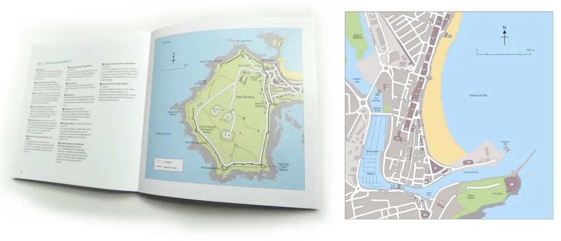 a double page spread from English Heritage published book (Historic England) showing vector-drawn maps by Kate Parsons, traditional, colour-coded cartography