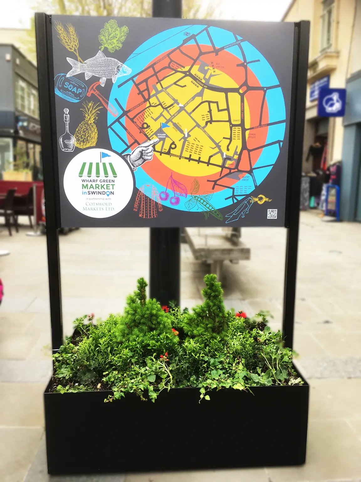 image of a town centre information board with unique map design: cartography and map design, freelance graphic design, signage design, wayfinding