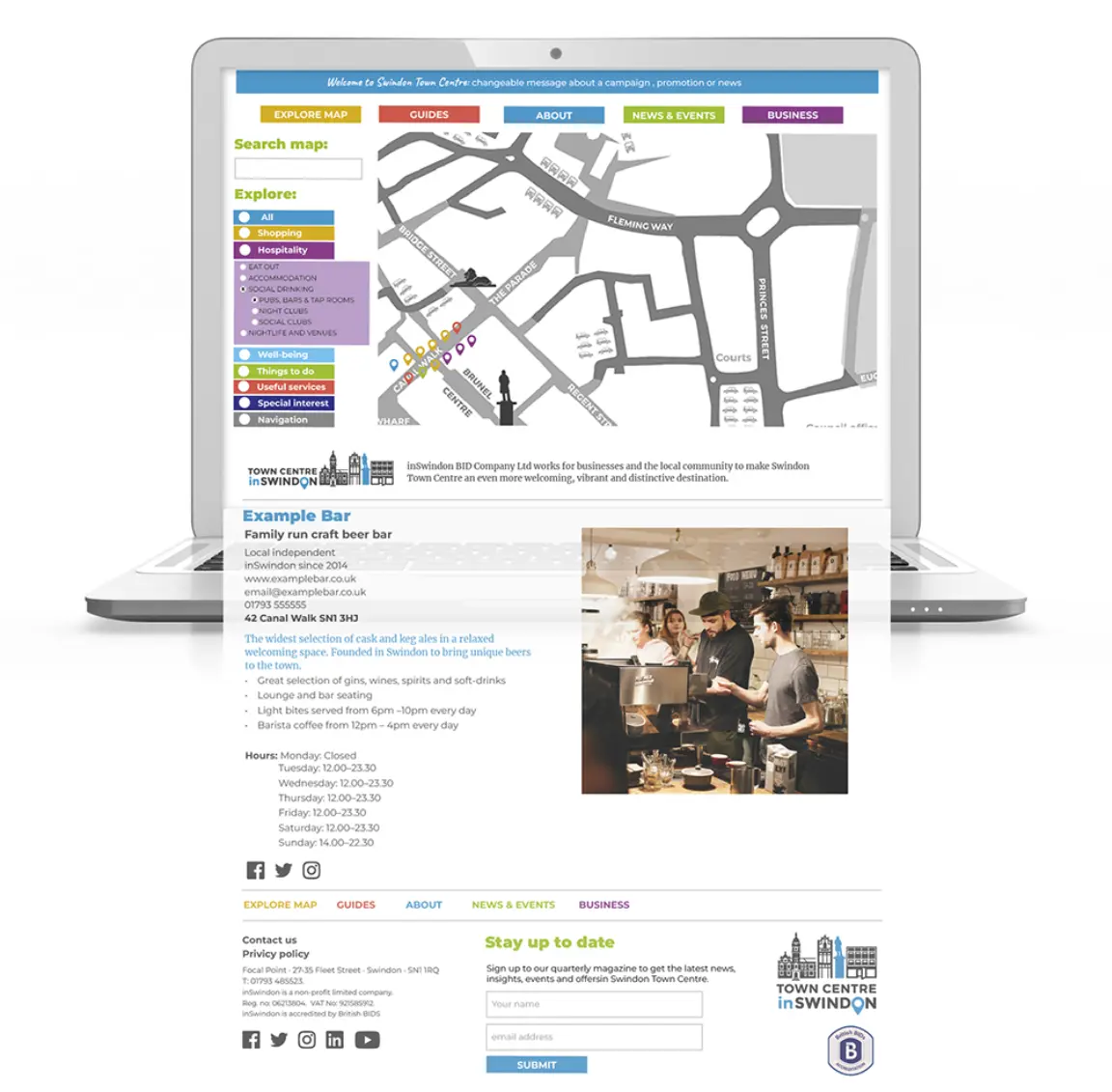 website strategy, wireframe and navigation for town centre map-based GIS website for business improvement district design