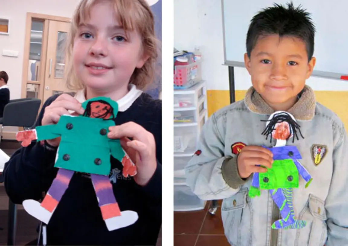 a primary school stucent in Swindon and her counterpart in Mexico show the puppets they created from infosheets they completed to descrive themselves