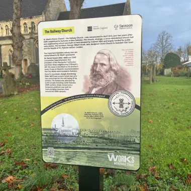interpretatio panels in the grounds of St Mark's Church, Swinond, Diocese of bristol, focuses on John Armstrong of GWR