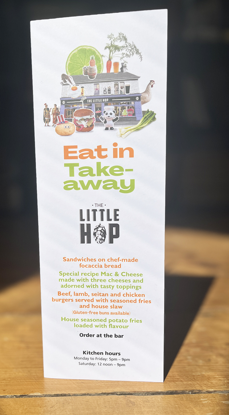 Little Hop Swindon, hospitality menu design, illustration, photo montage