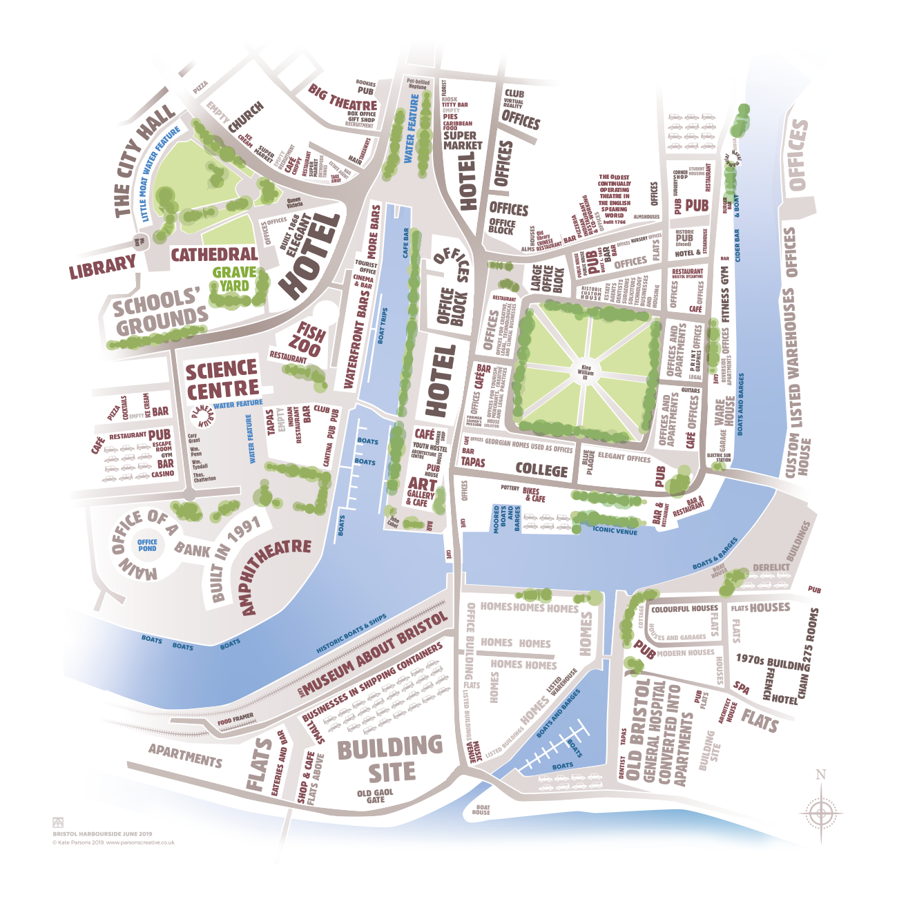 Harbourside, Bristol, Queen Square, Arnolfini, M-shed, Watershed, The Centre, typography, map